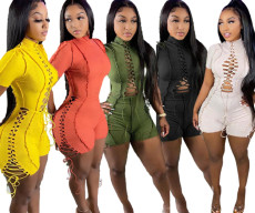 Solid Short Sleeve Lace-Up Romper LSD-81019