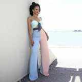 Chest Wrapped Contrast Color Splice Flared Pants Two Piece Sets ASL-6379