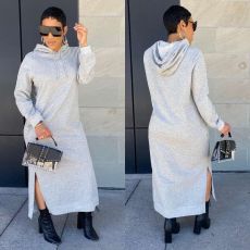 Fashion Solid Color Hooded Split Long Dress ORY-5201