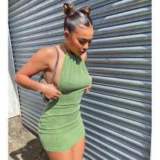 Solid Color Sexy Halter Neck Backless Mini Dress ASL-6381
