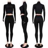 Solid Rib Embroidery Zipper Long Sleeve 2 Piece Sets ASL-6286
