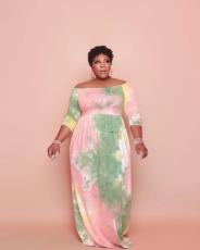 Plus Size Tie Dye Slash Neck 3/4 Sleeve Maxi Dress LSD-81031