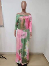 Plus Size Tie Dye Slash Neck 3/4 Sleeve Maxi Dress LSD-81031