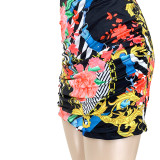 Plus Size Sexy V-neck Print Ruched Mini Dress ASL-7018