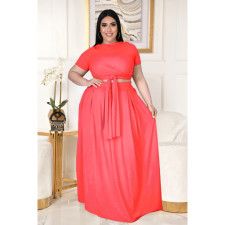 Plus Size Fashion Solid Color Short Sleeve Long Skirt Suits ASL-7025
