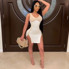Sexy Sleeveless Zipper Split Bodycon Mini Dress CHY-1338
