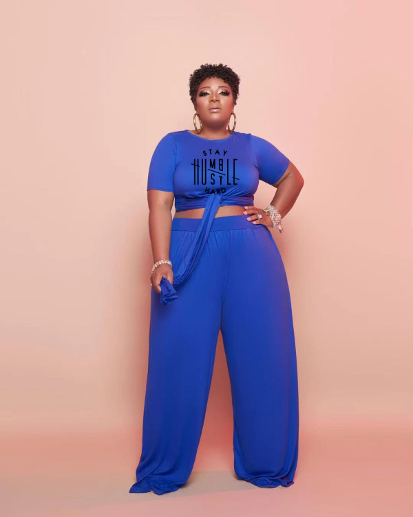 Plus Size Solid Letter Print Short Sleeve 2 Piece Pants Set WAF-77240