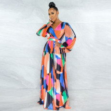 Sexy Printed Backless Long Sleeve Big Swing Maxi Dress YNSF-1670