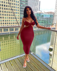 Sexy Solid Hollow Spaghetti Strap Midi Dress MZ-2653