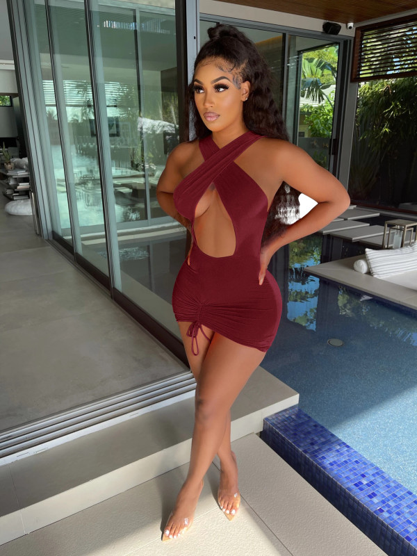 Sexy Solid Hollow Sleeveless Drawstring Club Dress MZ-2635