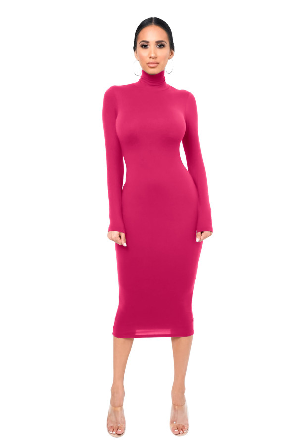 Solid Turtleneck Long Sleeve Thick Slim Midi Dress MZ-2589