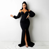 Sexy Solid Off Shoulder Split Maxi Evening Dress SFY-2131