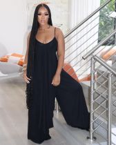 Plus Size Solid Split Sling Top Wide Leg Pants 2 Piece Sets OLYF-6035-1