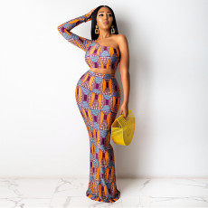 Plus Size Printed One Shoulder Maxi Skirt 2 Piece Sets HNIF-HN008