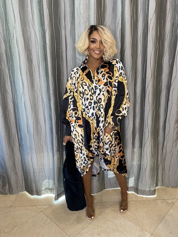Casual Printed Long Sleeve Loose Shirt Dress BGN-193