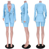 Solid Sashes Blazer Coat +Shorts Two Piece Suits ASL-6505