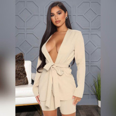Solid Sashes Blazer Coat +Shorts Two Piece Suits ASL-6505
