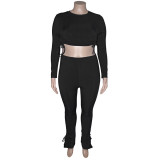 Plus Size Solid Drawstring Long Sleeve 2 Piece Pants Set ONY-5104