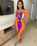 Sexy Ribbed Lace-Up Patchwork Long Sleeve 2 Piece Pants Set NIK-262