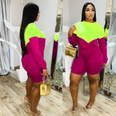 Plus Size Contrast Color Patchwork Long Sleeve 2 Piece Shorts Set LM-8276