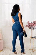 Denim Ripped Hole Sleeveless Sashes Jeans Jumpsuit LX-3507