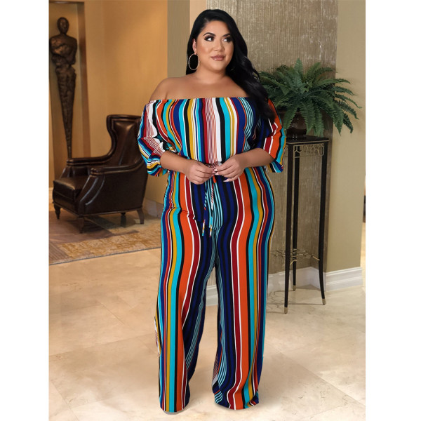 Plus Size Colorful Striped Slash Neck Jumpsuit ASL-7053