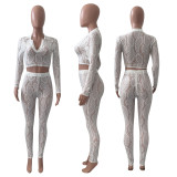 Sexy Lace Long Sleeve Hollow Out 2 Piece Pants Set NIK-261