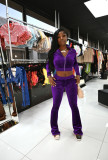 Solid Velvet Zipper Long Sleeve Top Flare Pants 2 Piece Suits NIK-263