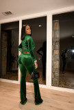 Solid Velvet Zipper Long Sleeve Top Flare Pants 2 Piece Suits NIK-263