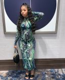 Sexy Mesh Print Long Sleeve Maxi Dress WSM-5277