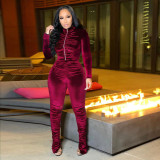 Solid Velvet Ruched Long Sleeve Split Pants 2 Piece Suits SH-390070