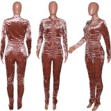 Solid Velvet Ruched Long Sleeve Split Pants 2 Piece Suits SH-390070