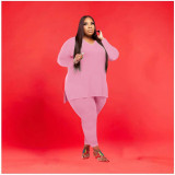 Plus Size Solid V Neck Long Sleeve Two Piece Pants Set WAF-77262
