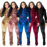 Solid Velvet Ruched Long Sleeve Split Pants 2 Piece Suits SH-390070
