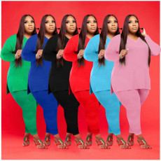 Plus Size Solid V Neck Long Sleeve Two Piece Pants Set WAF-77262