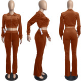 Solid Velvet Long Sleeve Zipper 2 Piece Pants Set FSL-F171