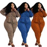 Plus Size Geometric Print Blouse Top And Pants 2 Piece Sets MEM-88392