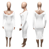 Solid Ribbed Long Sleeve Slim Midi Dress ME-21S951