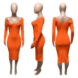 Solid Ribbed Long Sleeve Slim Midi Dress ME-21S951