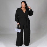 Plus Size Solid V Neck Long Sleeve Sashes Jumpsuit NNWF-7325