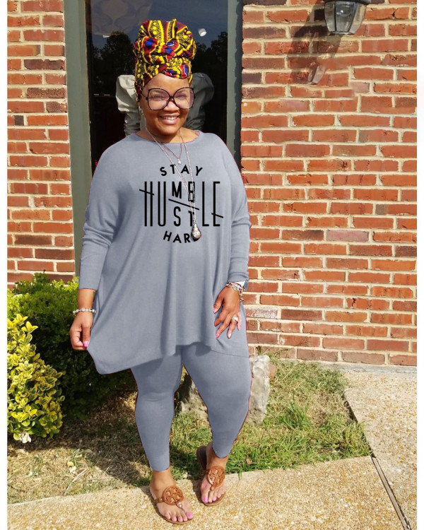 Plus Size Letter Print Long Sleeve Two Piece Sets WAF-77270