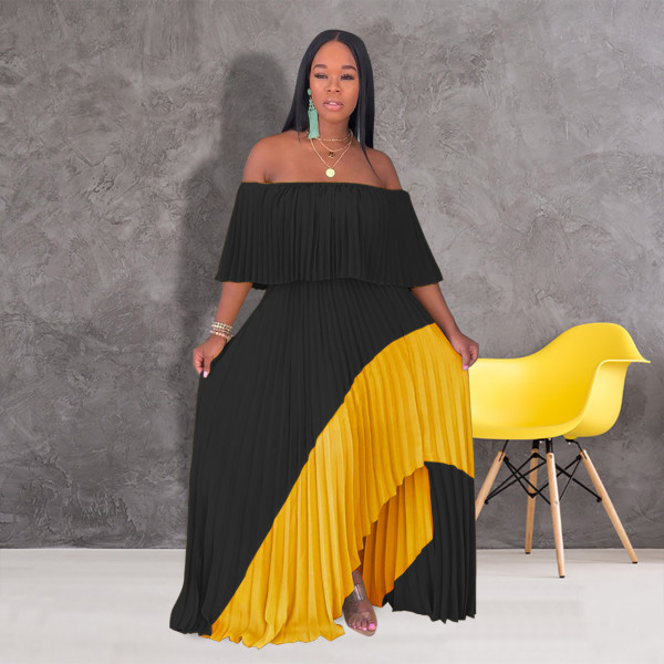 Chiffon Contrast Color Slash Neck Irregular Pleated Maxi Dress ME-Q297