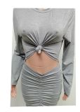 Solid Long Sleeve Ruched Slim Maxi Dress MEM-88391