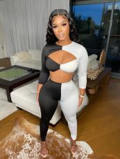 Contrast Color Hollow Crop Top And Pants 2 Piece Sets ORY-5205
