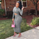 Solid Long Sleeve Ruched Slim Maxi Dress MEM-88391