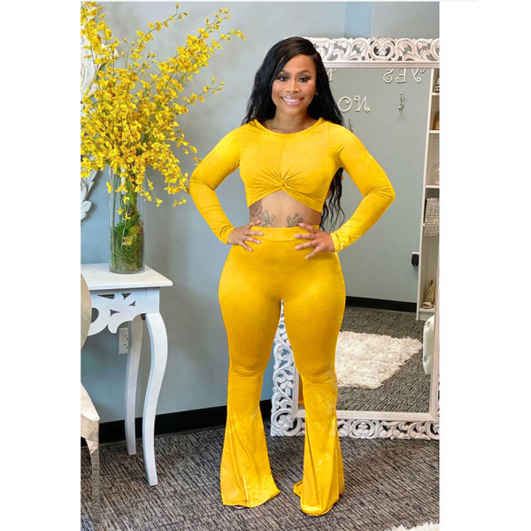 Solid Velvet Long Sleeve Flared Pants 2 Piece Sets ORY-5206