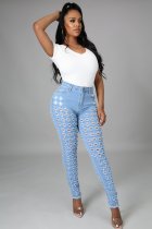 Denim Mid-Waist Hole Skinny Jeans Pants LA-3270
