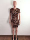 Sexy Leopard Short Sleeve Zipper Mini Dress LA-3276
