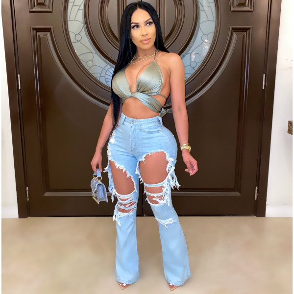 Denim Ripped Hole Flared Jeans Pants LA-3272