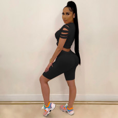 Casual Solid Hole T Shirt And Shorts Two Piece Sets LA-3277